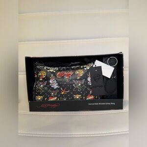NWT Ed Hardy Convertible Wristlet Tattoo Print w/ Glitter Stars & Charm